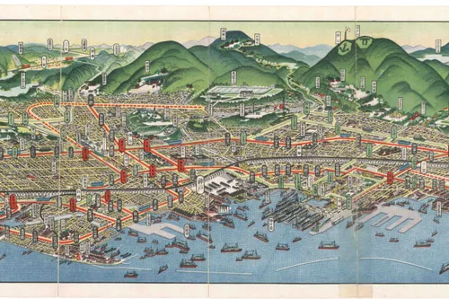 神戸市工場分布図縮尺2万分の1（大正10年5月調査商工課の文字、手書きの地図のほか、工場分布表や凡例、市電停留所表が掲載された縦125cm 横76cmの図下記に詳細を記載。