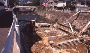 工事中の都賀川（1990年）